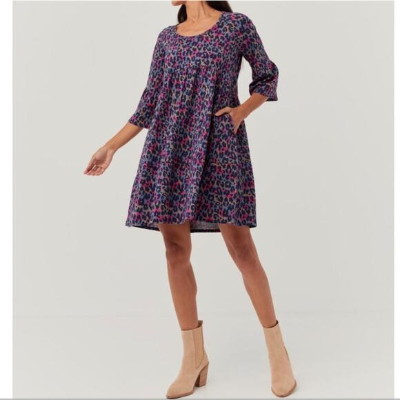 Pact NEW Rainbow Leopard Empire Waist Pocketed 3/4 Sleeve  Knit Mini Dress S - Picture 9 of 9
